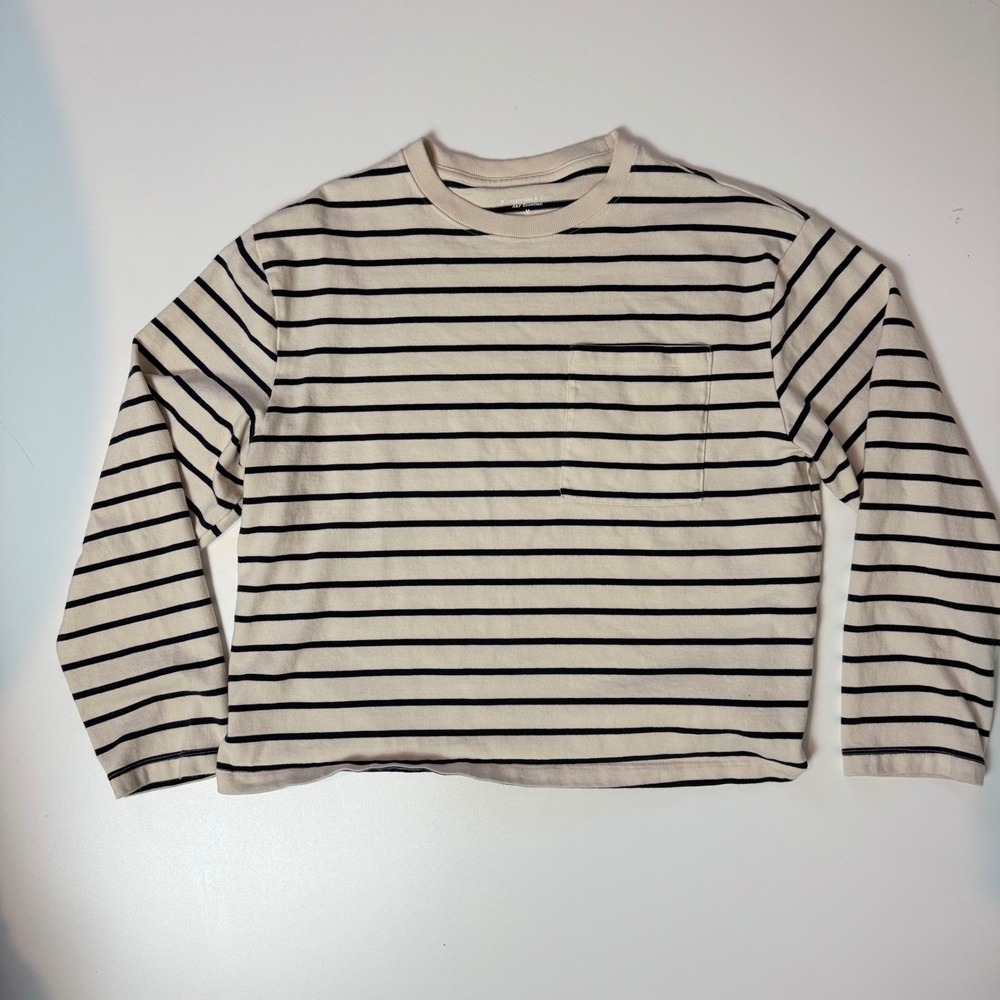 Abercrombie & Fitch A&F Essentials Striped Long Sleeve Pocket Tee Cream Navy M